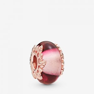 přívěsek PANDORA Růžové Murano sklo a listy - 788244